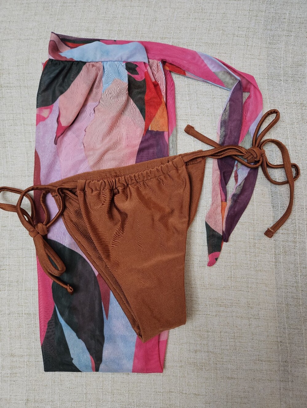 Women’s Tie-Side Caramel Bikini Bottom with Printed Sarong - Shein